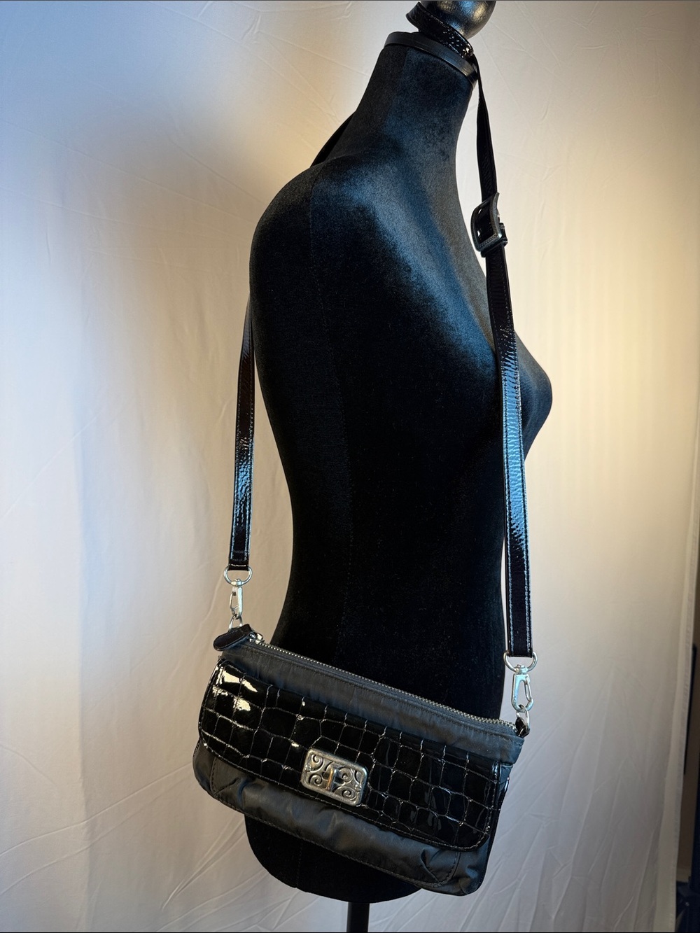Brighton Black patent Leather Croc-Accent Crossbody Bag